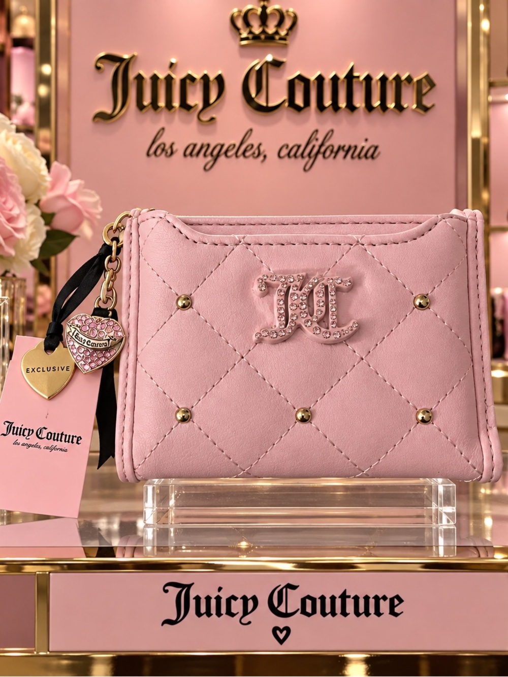 Juicy Couture Pink Quilted Mini Wallet with Gold Studs and Crystal Logo Charm